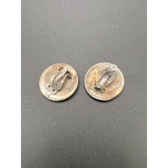 Vtg Alpaca Silver Mexico Inlaid Abalone Flower & Black Enamel Earrings Clip-Ons - Picture 5 of 6